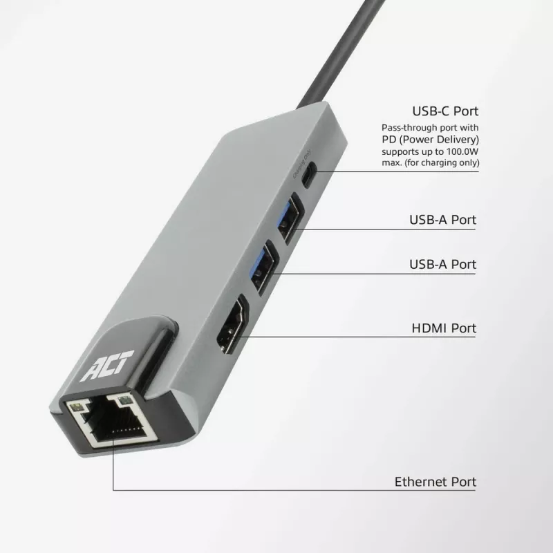 Docking station ACT USB-C 4K per 1 monitor HDMI, Ethernet, USB-A, pass-through PD