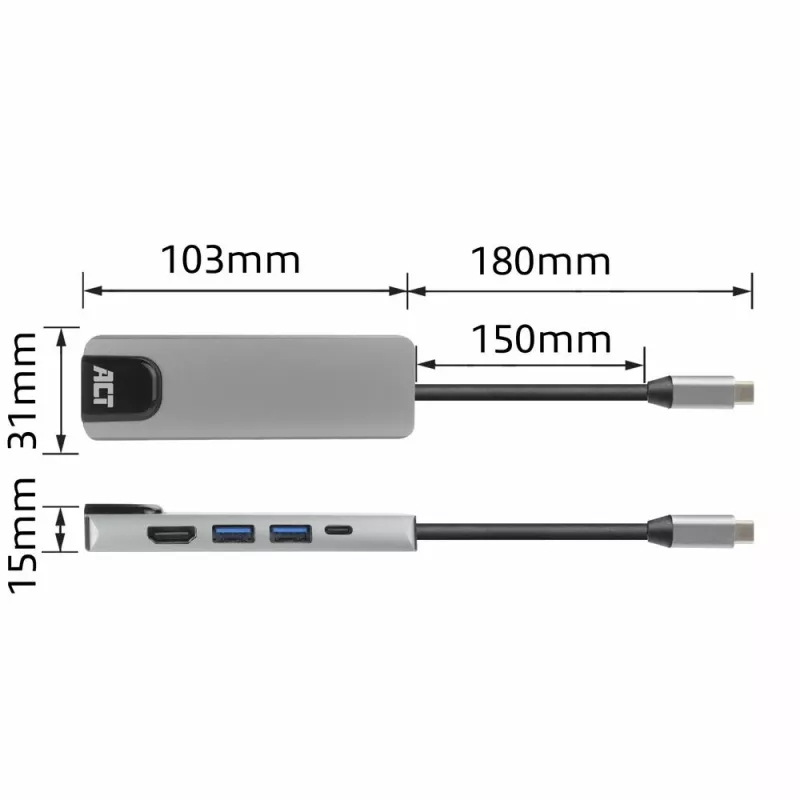 Docking station ACT USB-C 4K per 1 monitor HDMI, Ethernet, USB-A, pass-through PD