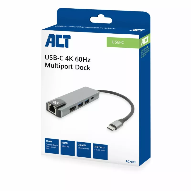 Docking station ACT USB-C 4K per 1 monitor HDMI, Ethernet, USB-A, pass-through PD
