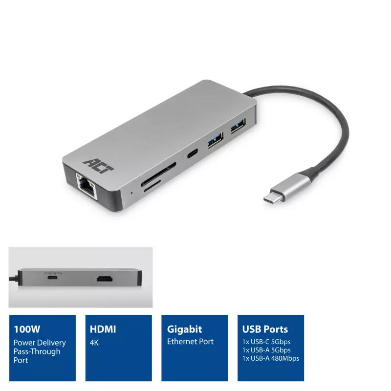 Docking station ACT USB-C 4K per 1 monitor HDMI, Ethernet, USB-C, USB-A, lettore di schede e pass-through PD