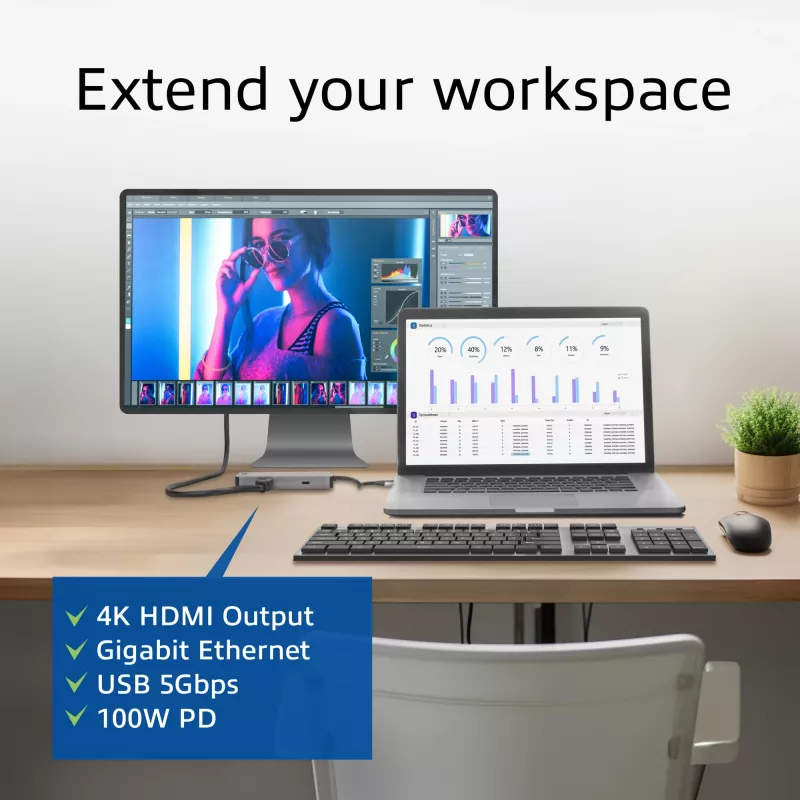 Docking station ACT USB-C 4K per 1 monitor HDMI, Ethernet, USB-C, USB-A, lettore di schede e pass-through PD