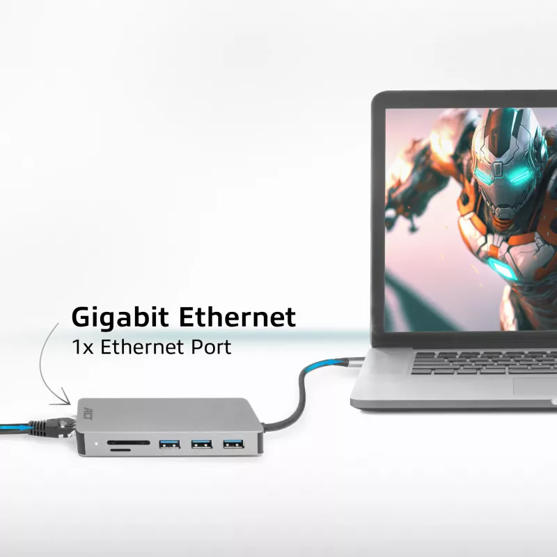 Docking station ACT USB-C 4K per 1 monitor HDMI, Ethernet, USB-C, USB-A, lettore di schede e pass-through PD