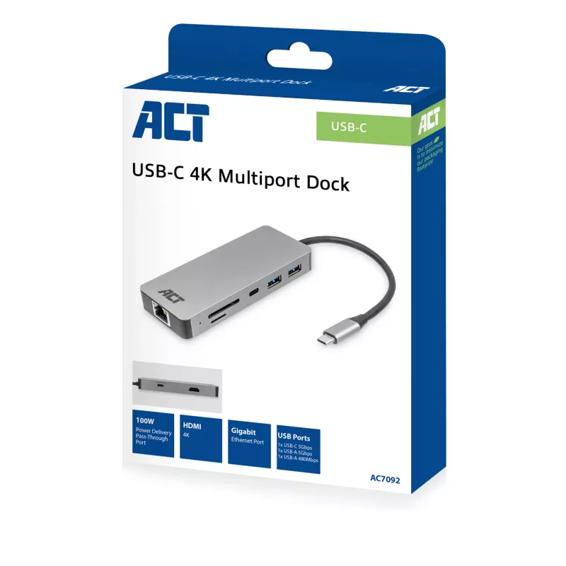 Docking station ACT USB-C 4K per 1 monitor HDMI, Ethernet, USB-C, USB-A, lettore di schede e pass-through PD