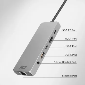 Docking station ACT USB-C 4K / 8K 30Hz per 1 monitor HDMI, 2,5 Gigabit Ethernet, USB-C 10Gbps, USB-A 10Gbps, audio 3,5 mm, pass-through PD