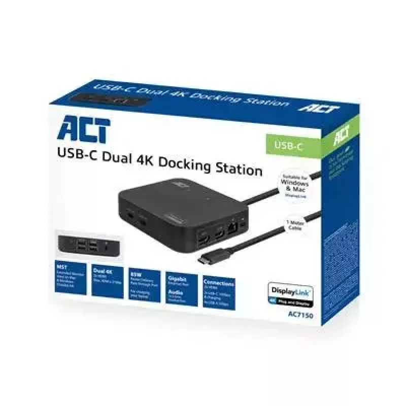Docking station universale ACT USB-C 4K, per 2 monitor HDMI/DisplayPort, DisplayLink, design compatto