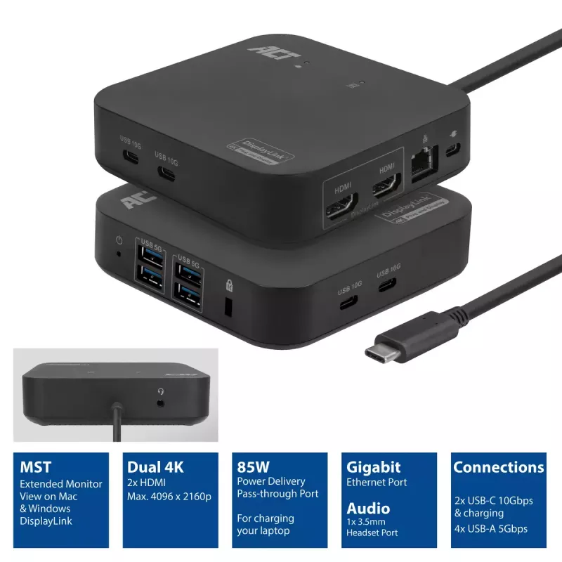 Docking station universale ACT USB-C 4K, per 2 monitor HDMI/DisplayPort, DisplayLink, design compatto