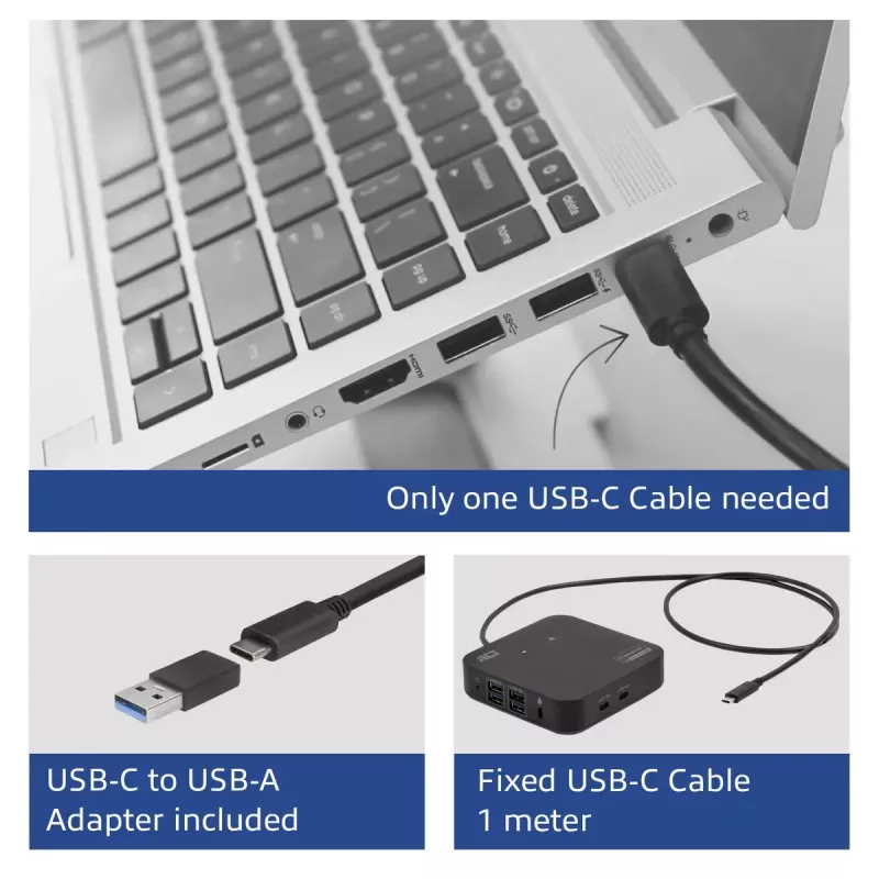 Docking station universale ACT USB-C 4K, per 2 monitor HDMI/DisplayPort, DisplayLink, design compatto