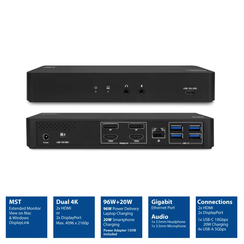 Docking station ACT USB-C 4K, per 2 monitor HDMI o DisplayPort, DisplayLink