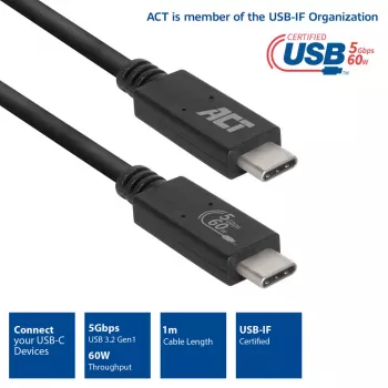 Cavo ACT USB 3.0 USB-C certificato USB-IF 1 metro 5 Gbit/s