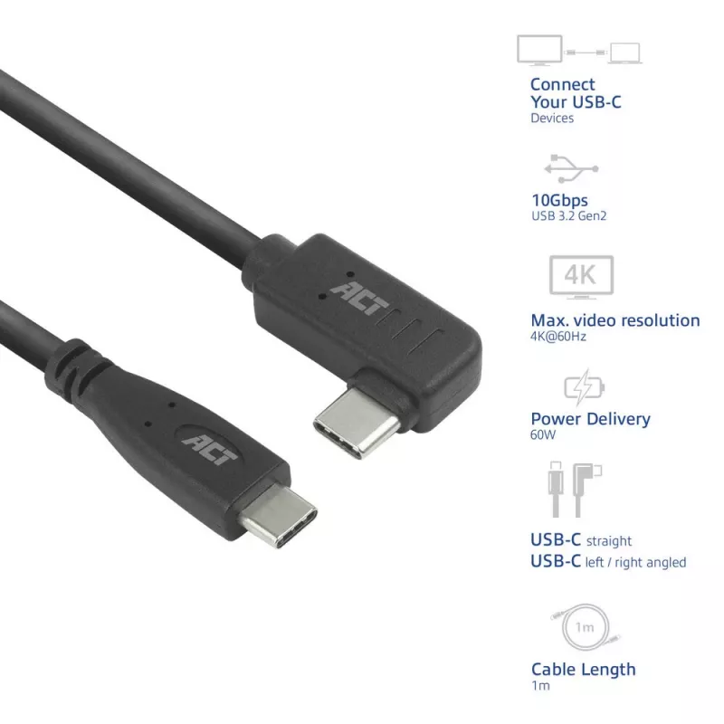 Cavo ACT USB 3.0 angolare USB-C 1 metro 5 Gbit/s nero
