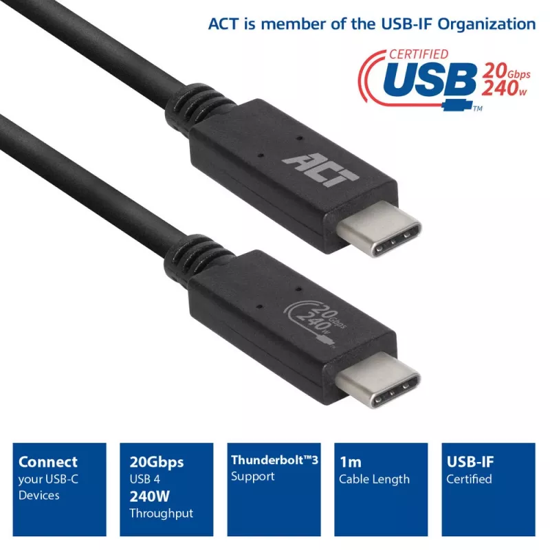 Cavo ACT USB4® 20Gbps, USB-C, certificato USB-IF, 1 metro