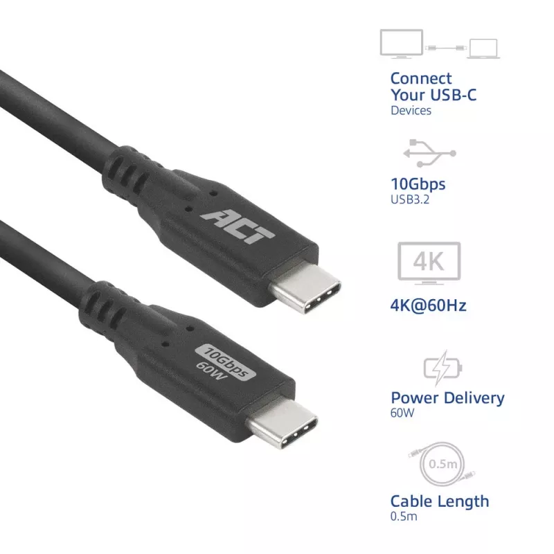 Cavo ACT USB 3.0 10Gbps 60W USB Type-C 0,5 m nero