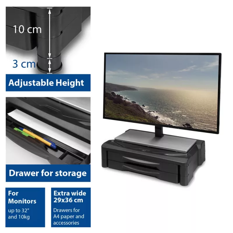 Supporto per monitor ACT extra largo AC8215 regolabile in altezza due cassetti