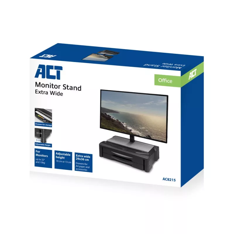 Supporto per monitor ACT extra largo AC8215 regolabile in altezza due cassetti
