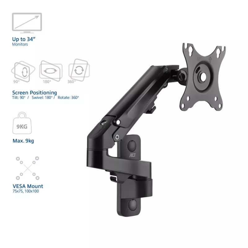 Supporto a parete per monitor ACT con molla a gas, 1 schermo, peso max. 7 kg