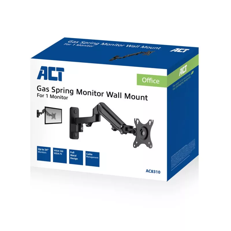 Supporto a parete per monitor ACT con molla a gas, 1 schermo, peso max. 7 kg