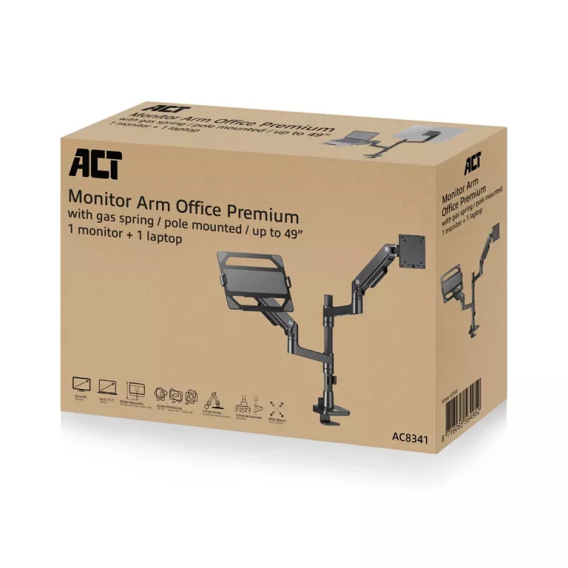 ACT AC8341 braccio per un monitor con supporto per laptop Office Premium, con molla a gas, montaggio su palo