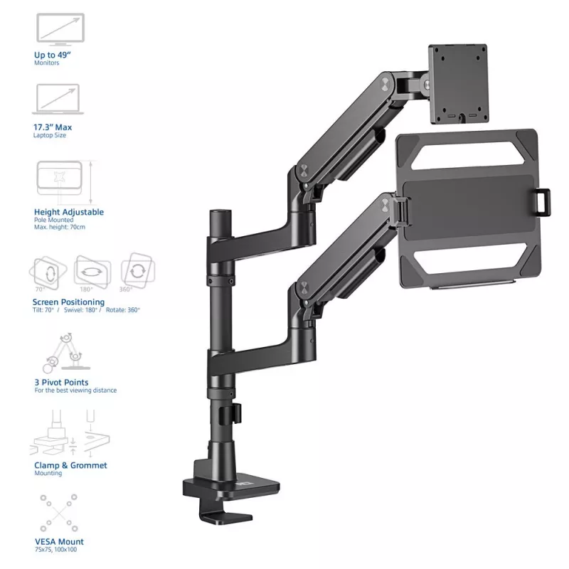 ACT AC8341 braccio per un monitor con supporto per laptop Office Premium, con molla a gas, montaggio su palo