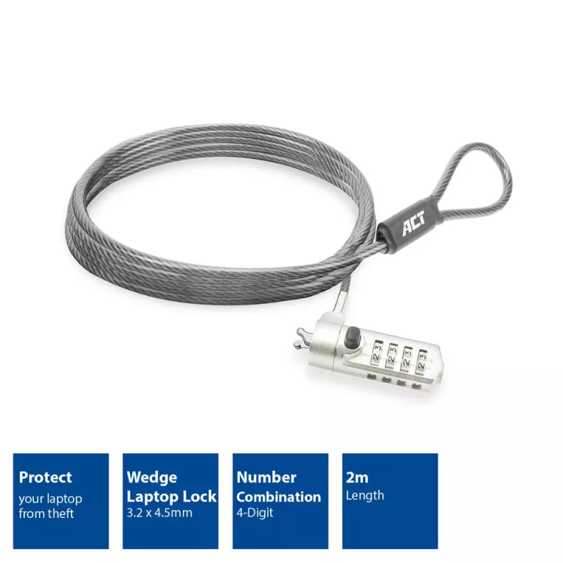 Lucchetto per laptop ACT Wedge con combinazione numerica metallizzato cavo 2 m