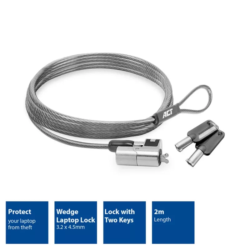 Lucchetto per laptop ACT Wedge con chiavi metallizzato cavo 2 m
