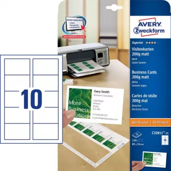 Avery Zweckform Quick&Clean C32011-25 Biglietti da visita, bianco, 200 g/m2, 250 pezzi (25 fogli)