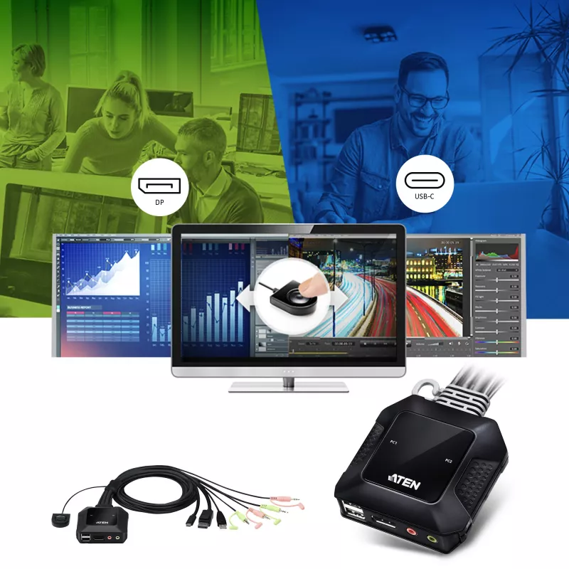 Switch KVM ibrido ATEN 2 porte USB-C DisplayPort, 4096 x 2160 pixel, 4K Ultra HD, 0,74 W, nero