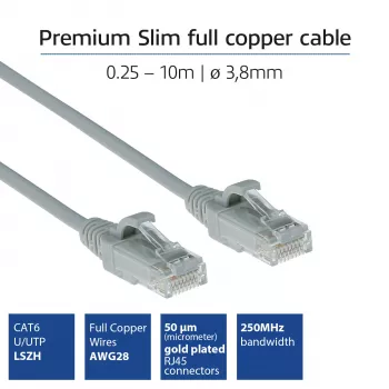 ACT grigio 5 metri LSZH U/UTP CAT6 patch cord slimline per data center snagless con connettori RJ45