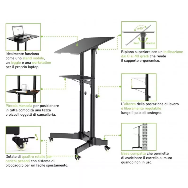 Techly ICA-TB TPM-1BK Carrello universale per notebook/proiettore, 103-125 cm, nero