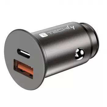 Techly caricabatterie mini da auto USB-A e USB-C Quick Charge 3.0 38W in metallo nero
