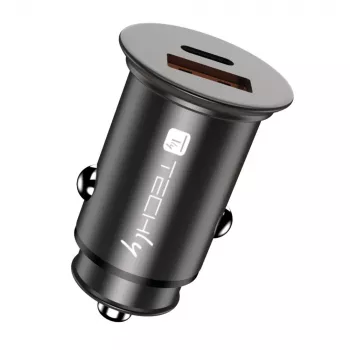 Techly caricabatterie mini da auto USB-A e USB-C Quick Charge 3.0 38W in metallo nero