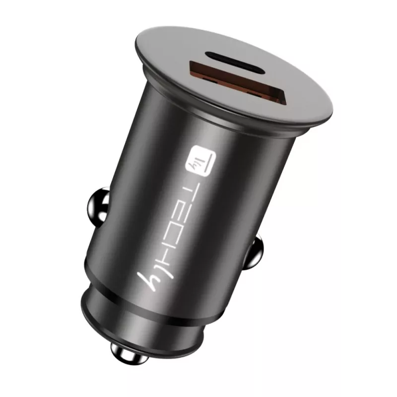 Techly caricabatterie mini da auto USB-A e USB-C Quick Charge 3.0 38W in metallo nero