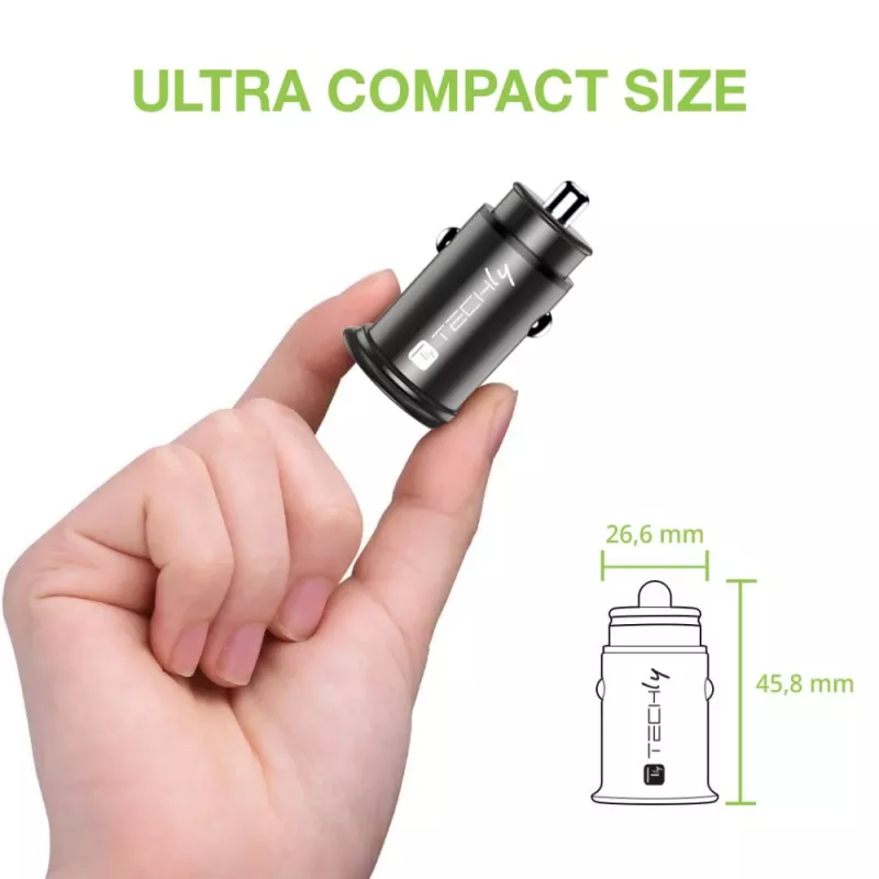 Techly caricabatterie mini da auto USB-A e USB-C Quick Charge 3.0 38W in metallo nero