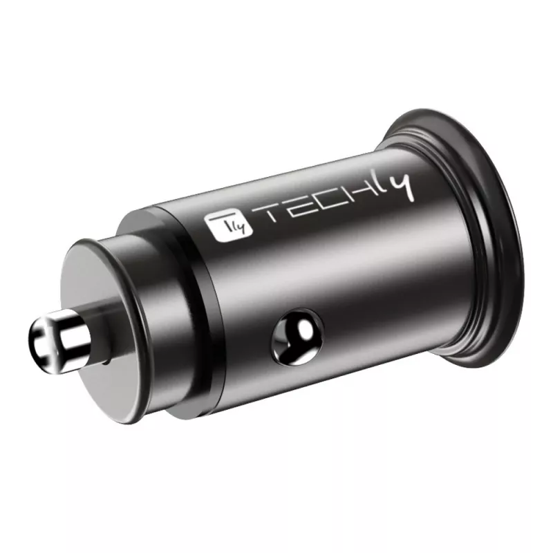 Techly caricabatterie mini da auto USB-A e USB-C Quick Charge 3.0 38W in metallo nero