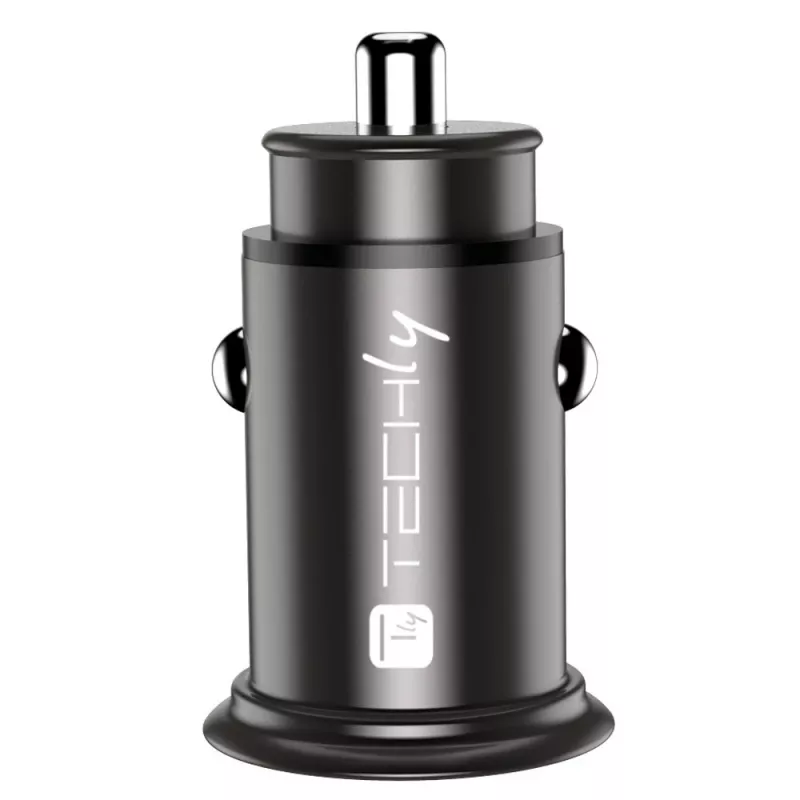 Techly caricabatterie mini da auto USB-A e USB-C Quick Charge 3.0 38W in metallo nero