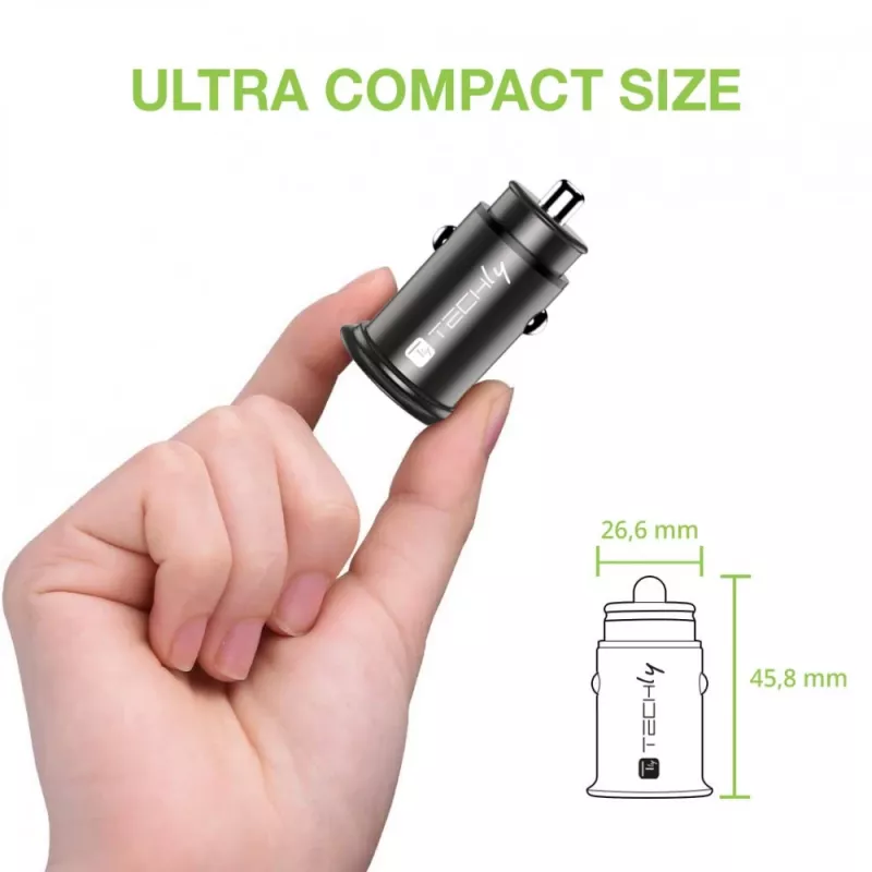 Techly caricabatterie mini da auto USB-A e USB-C Quick Charge 3.0 38W in metallo nero