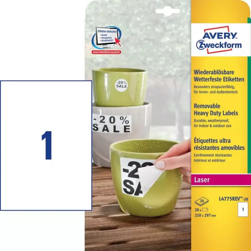 Etichetta rettangolare autoadesiva Avery Zweckform L4775REV-20 — bianco, permanente, 210×297 mm, 20 fogli