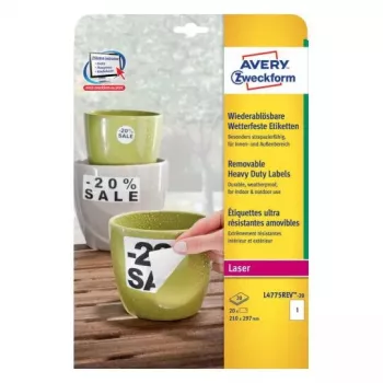 Etichetta rettangolare autoadesiva Avery Zweckform L4775REV-20 — bianco, permanente, 210×297 mm, 20 fogli
