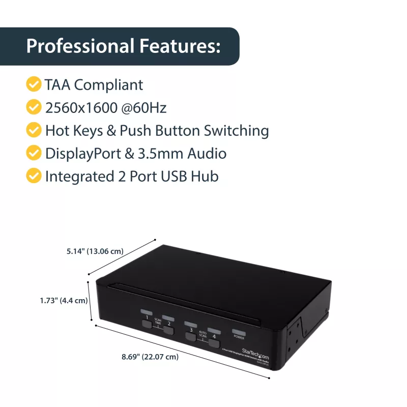 Switch KVM USB DisplayPort a 4 porte StarTech.com con audio, 3840 x 2400 pixel, nero