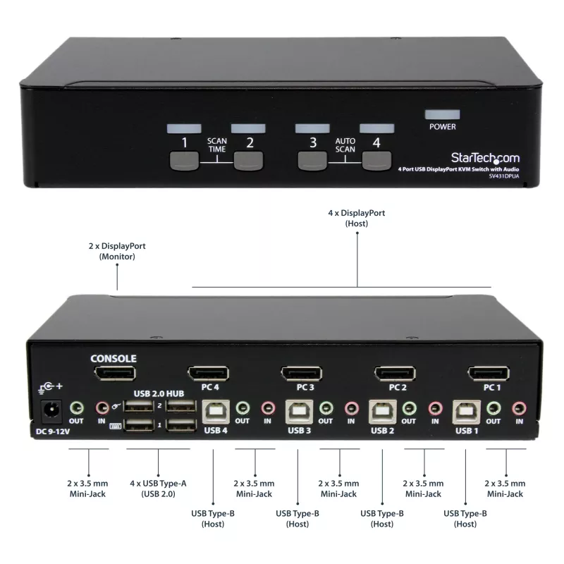 Switch KVM USB DisplayPort a 4 porte StarTech.com con audio, 3840 x 2400 pixel, nero