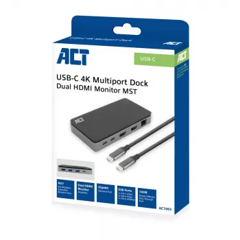 ACT docking station USB-C 4K MST per 2 monitor HDMI, Ethernet, USB-C, 3x USB-A, PD-Passthrough e cavo di collegamento rimovibile da 1 metro