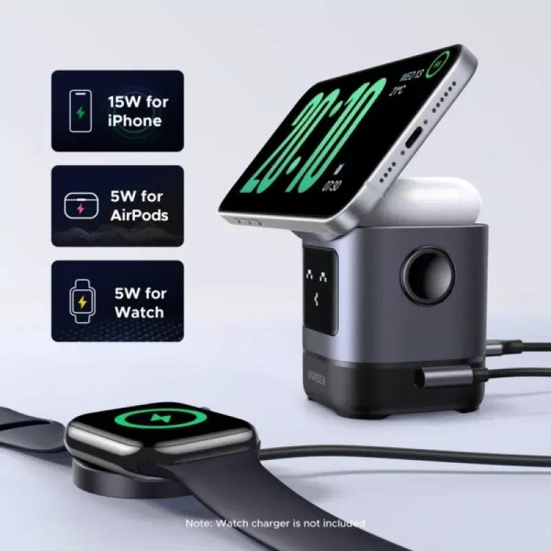 Caricabatterie UGREEN 45775 — caricabatterie rapido AC wireless da interno, universale, 1× USB-C, nero/grigio
