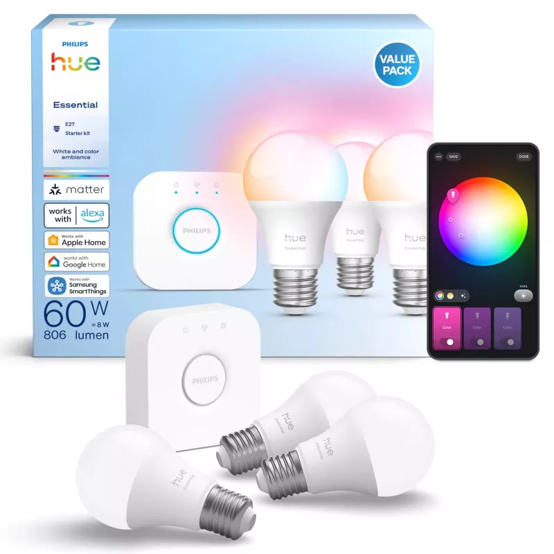 Kit illuminazione smart Philips Hue White and Colour Ambience Essential – 3 lampadine smart E27, 806 lm, 8 W, Bluetooth/Zigbee