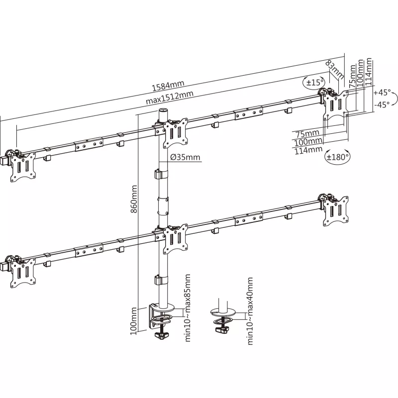 InLine supporto da tavolo per 6x TV / LED / TFT display fino a 81cm 32 pollici max. 7kg nero