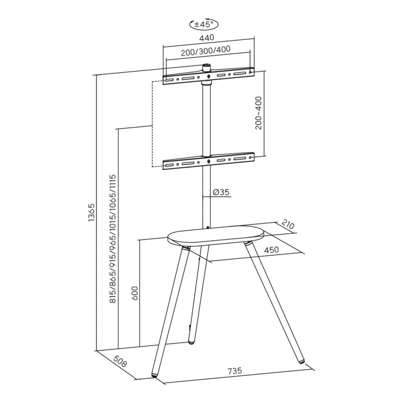 Supporto TV da terra InLine 23133W per schermi 43–65 pollici con ripiano, supporto autoportante