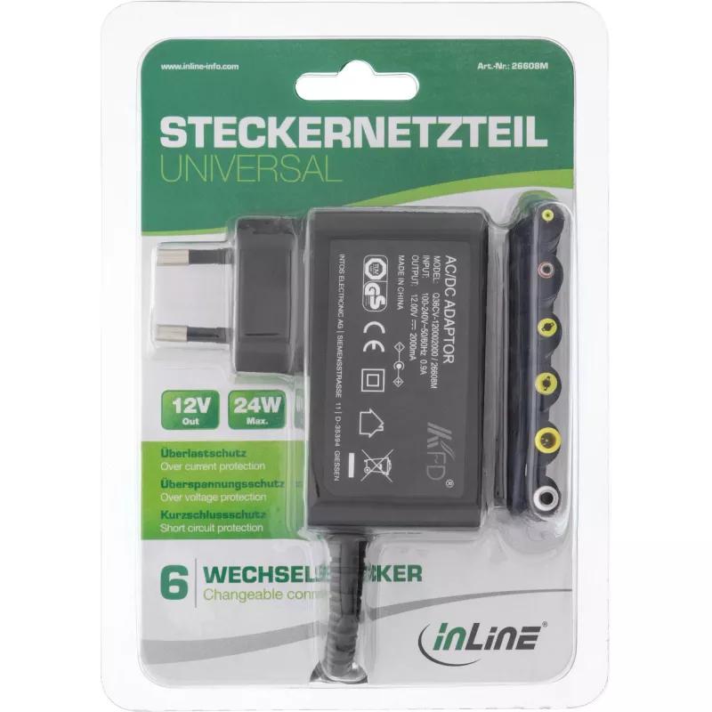 Alimentatore universale InLine, 12 V / 24 W con 6 connettori intercambiabili