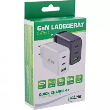 Caricabatterie mobile InLine 31506E — caricabatterie universale AC da interno a ricarica rapida, ingresso 100–240 V, uscita fino a 20 V/5 A, 1x USB-A, 2x USB-C, bianco