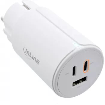 InLine alimentatore USB PD, caricabatterie GaN, 3 porte, Dual-USB-C + USB-A, 65W, bianco