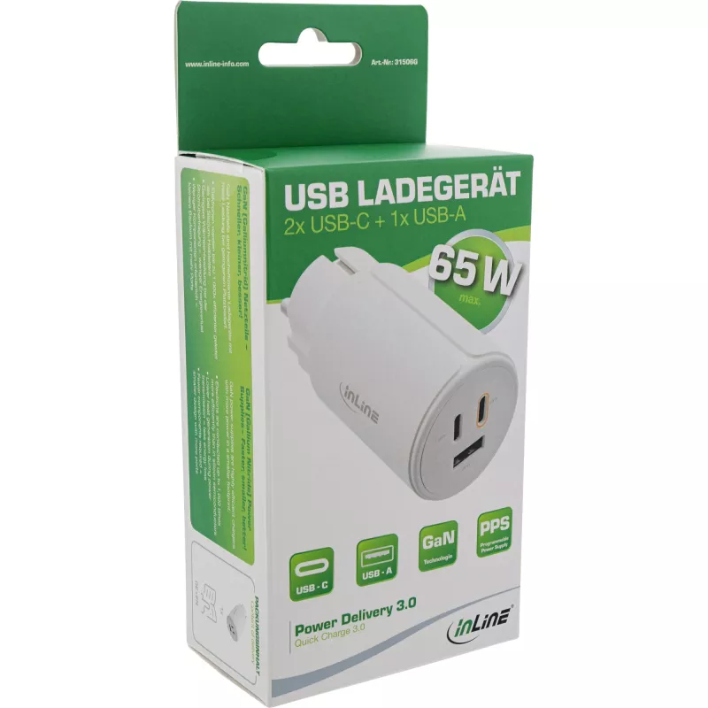 InLine alimentatore USB PD, caricabatterie GaN, 3 porte, Dual-USB-C + USB-A, 65W, bianco