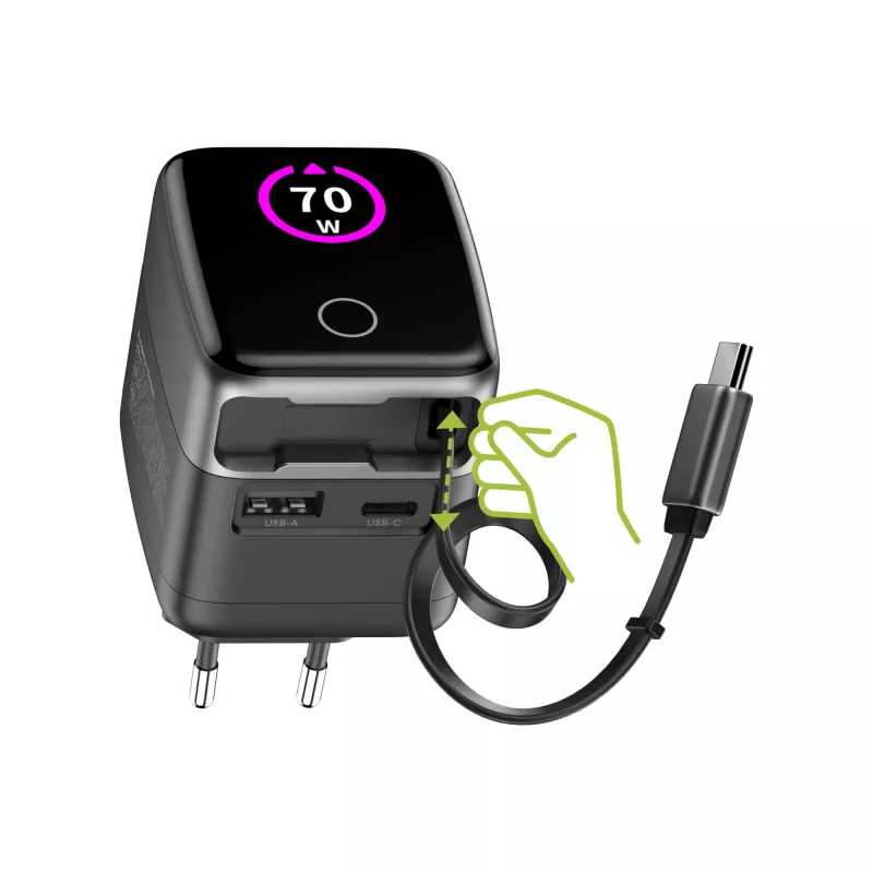 Alimentatore USB InLine, 70 W, GaN, USB-C PD + USB-A QC, cavo 60 cm, nero