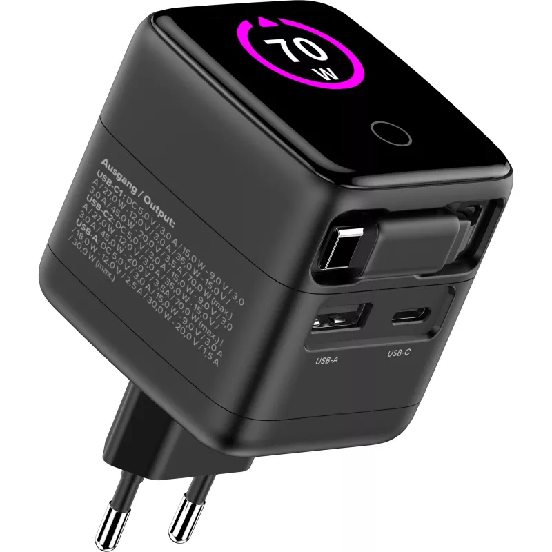 Alimentatore USB InLine, 70 W, GaN, USB-C PD + USB-A QC, cavo 60 cm, nero